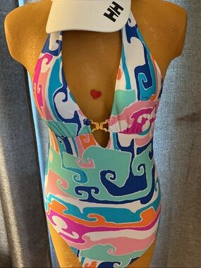 Trina Turk Vibrant Swirl Halter One-Piece in Blue, Pink, Teal, Orange